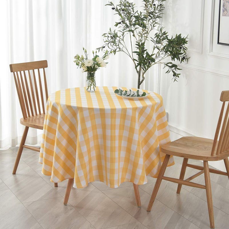maxmill Round Checkered Tablecloth Spillproof Wrinkle Free Heavy Weight Gingham Table Cloth for Circular Table Buffalo Plaid for Buffet Banquet Parties Holiday Dinner 70 Inch Yellow and White - Image 4